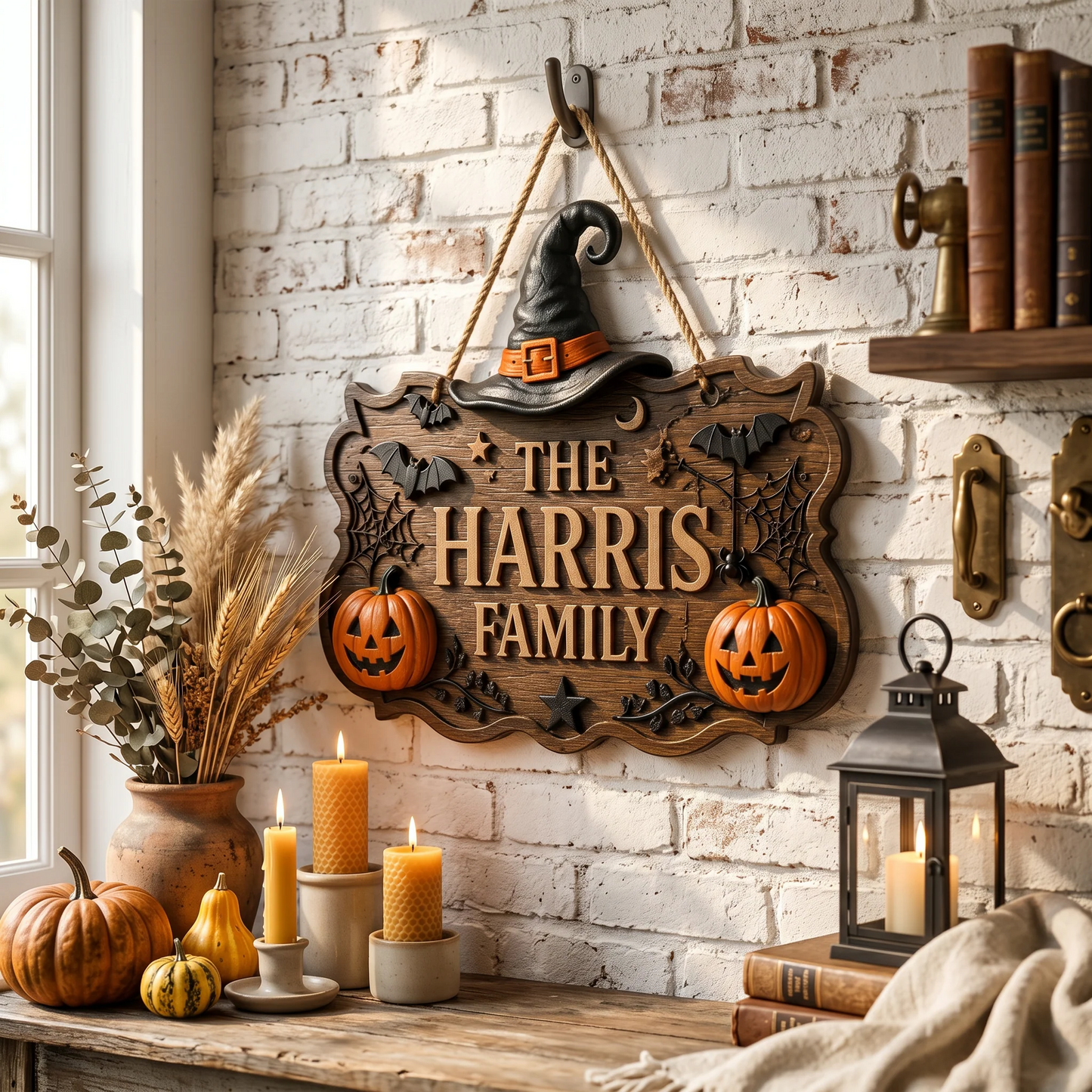Personalized Witch Hat Pumpkin Halloween Family Name Sign