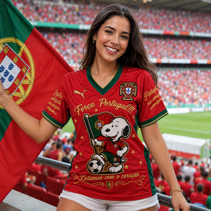 Snoopy Portugal Football V-Neck Jersey Red Tee