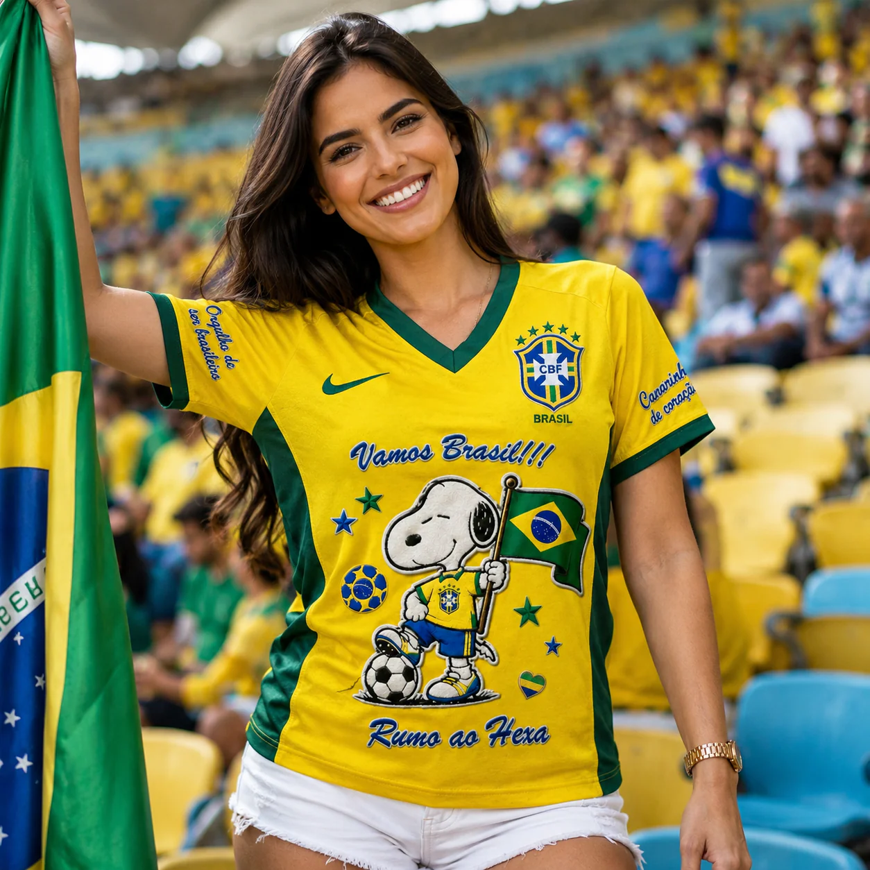 Snoopy Brazil Football V-Neck Jersey Yellow Tee