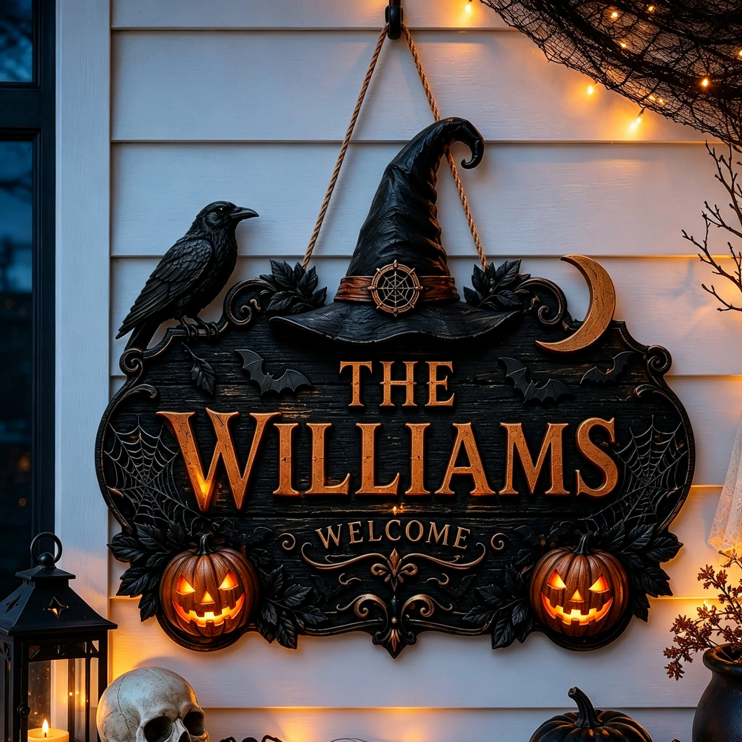Custom Family Name Gothic Halloween Wooden Door Hanger Welcome Sign