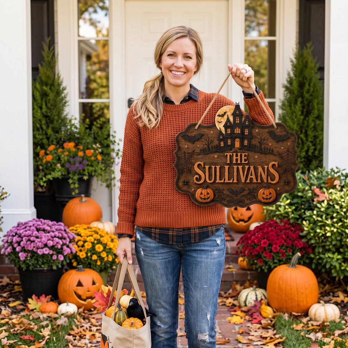 Personalized Haunted House Halloween Family Name Hanging Sign