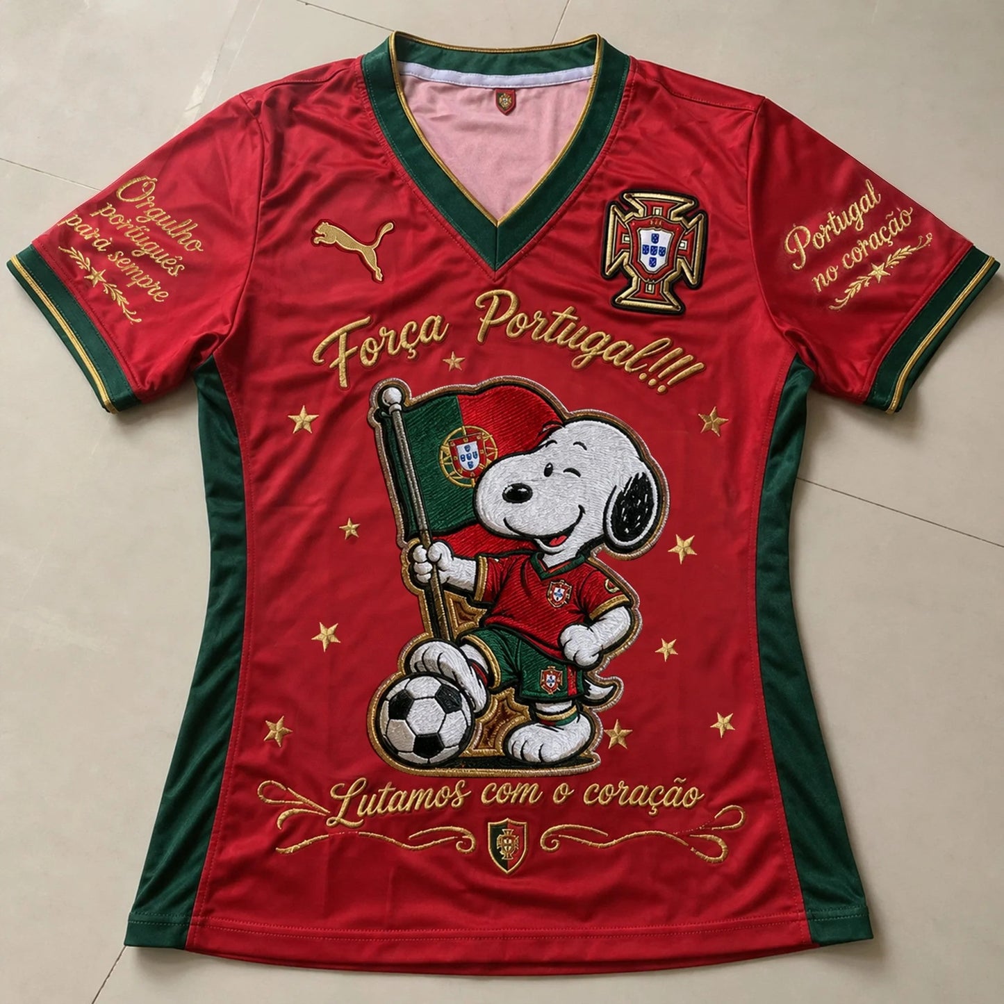 Snoopy Portugal Football V-Neck Jersey Red Tee
