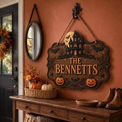 Personalized Haunted House Halloween Family Name Hanging Sign