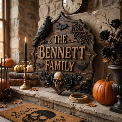 Personalized Gothic Raven Skull Halloween Family Name Wooden Sign