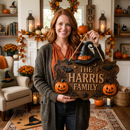 Personalized Witch Hat Pumpkin Halloween Family Name Sign