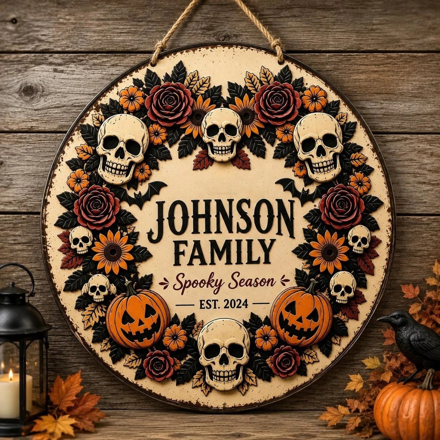Personalized Halloween Metal Sign Skull Pumpkin Fall Wreath Sign
