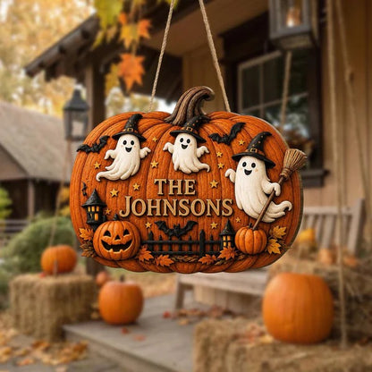 Personalized Halloween Pumpkin Wooden Door Hanger Welcome Sign
