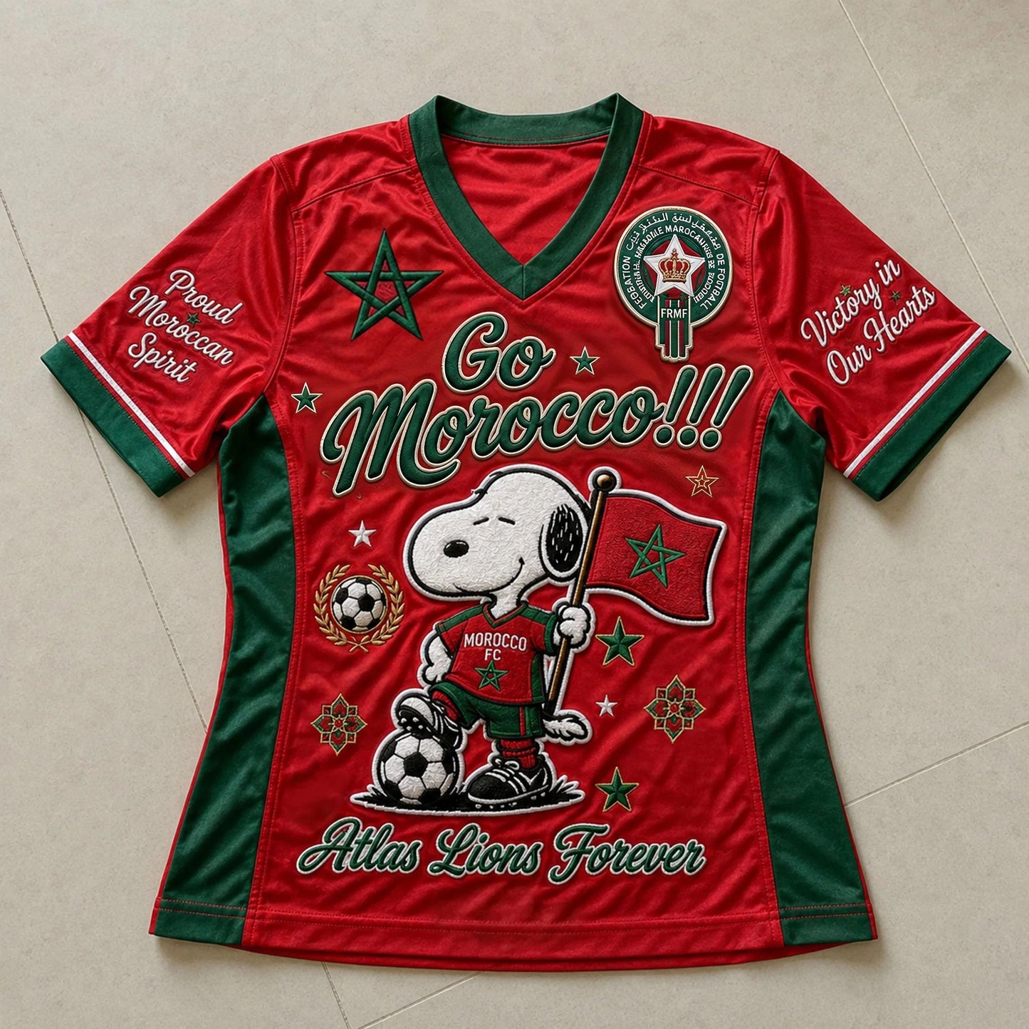 Snoopy Morocco Football V-Neck Jersey Red Tee