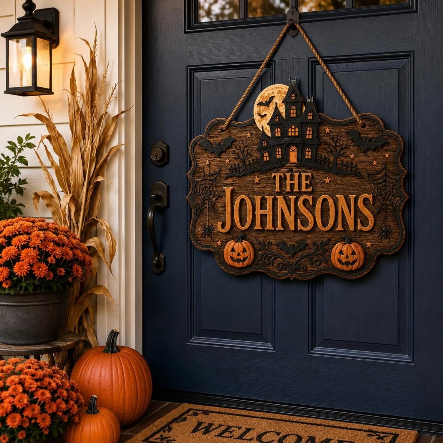 Personalized Haunted House Halloween Family Name Hanging Sign
