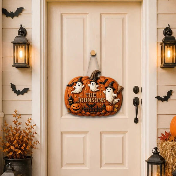 Personalized Halloween Pumpkin Wooden Door Hanger Welcome Sign