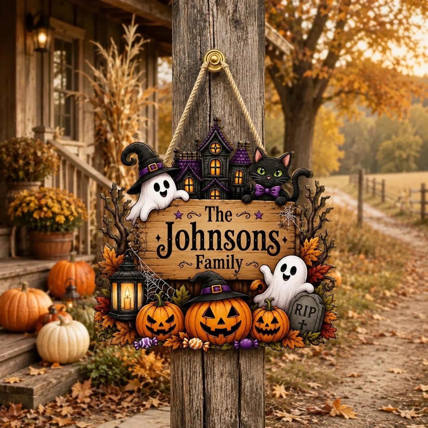 Personalized Pumpkin Ghost Fall Porch Welcome Wooden Sign