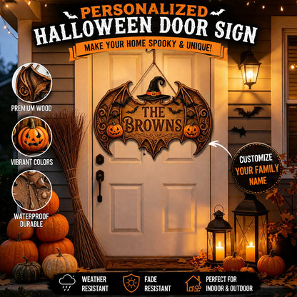 Personalized Bat Wings Halloween Family Name Wooden Sign