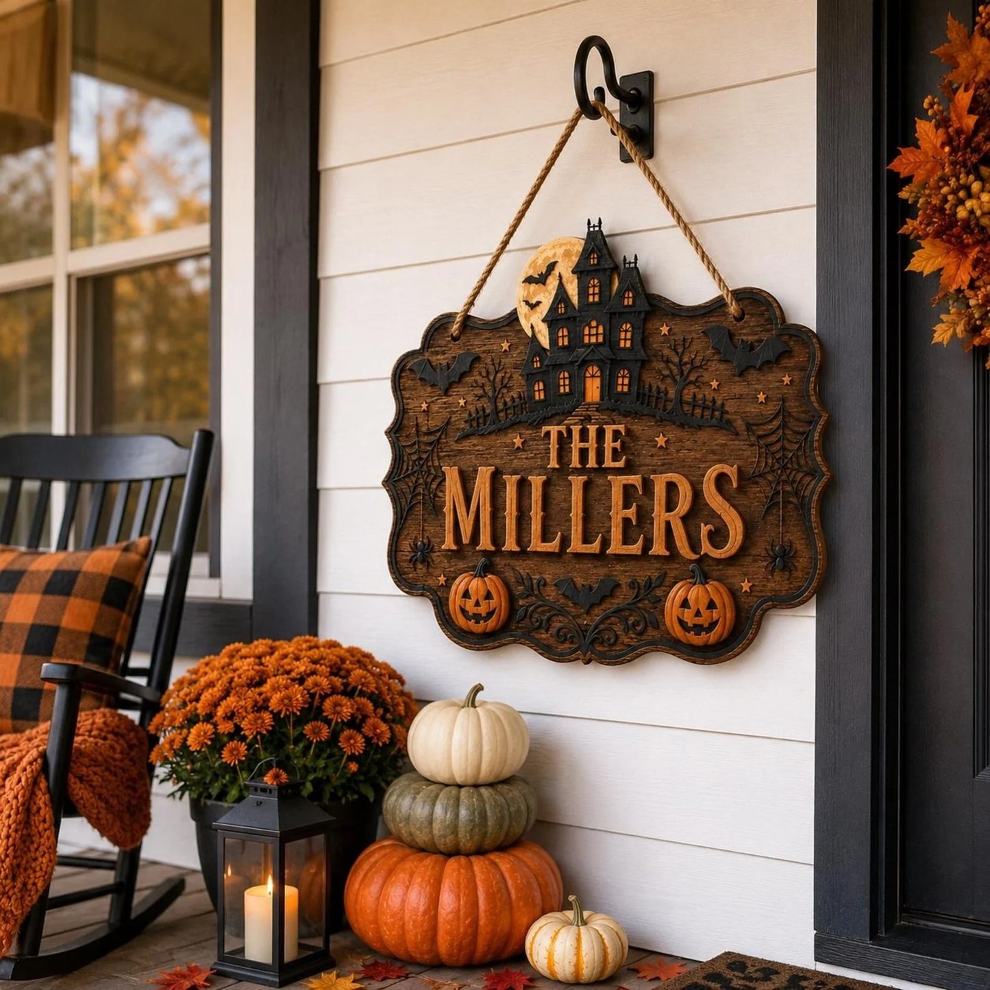 Personalized Haunted House Halloween Family Name Hanging Sign