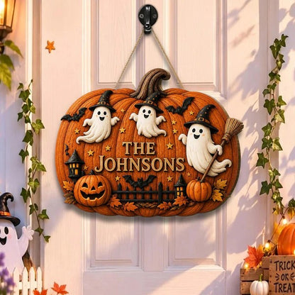 Personalized Halloween Pumpkin Wooden Door Hanger Welcome Sign