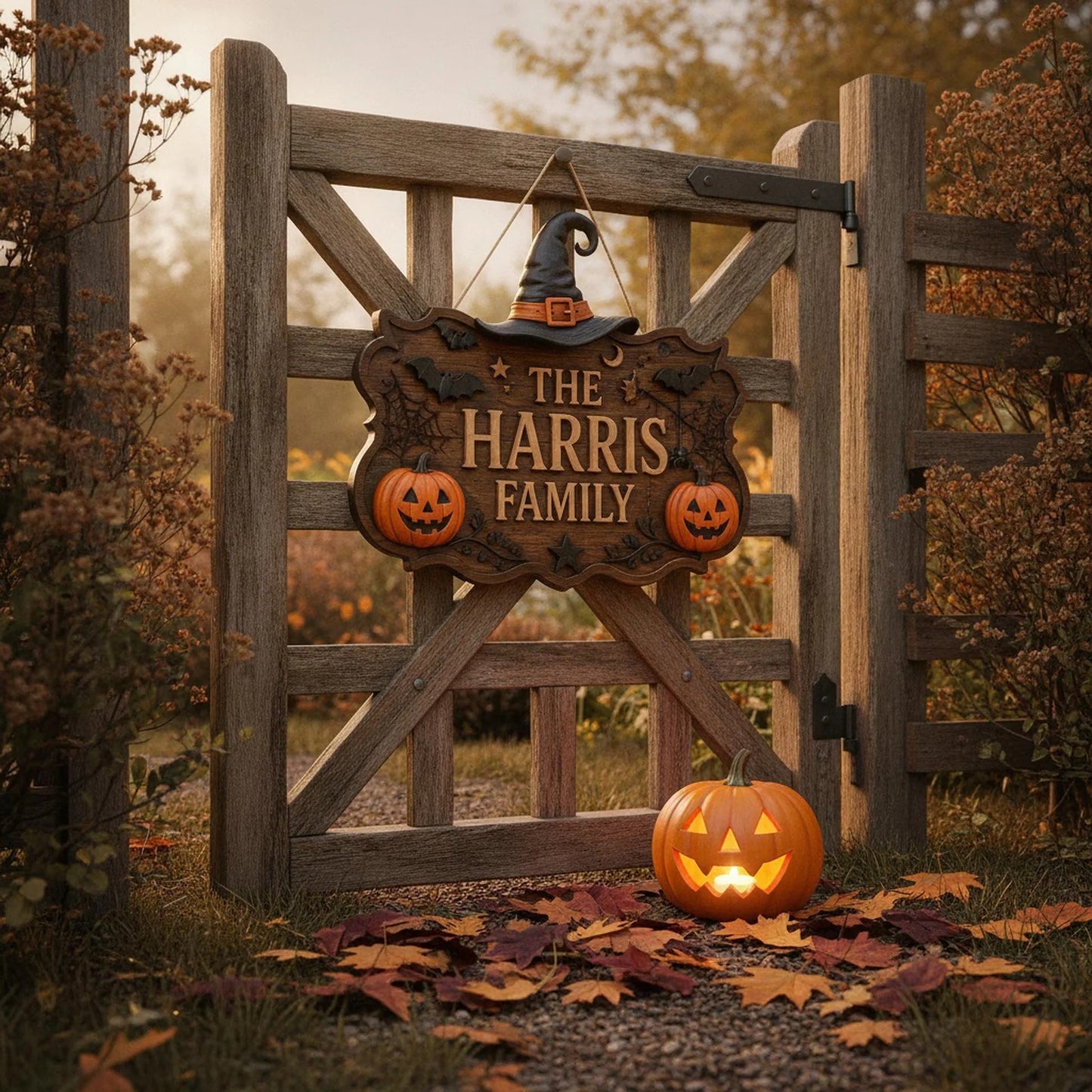 Personalized Witch Hat Pumpkin Halloween Family Name Sign