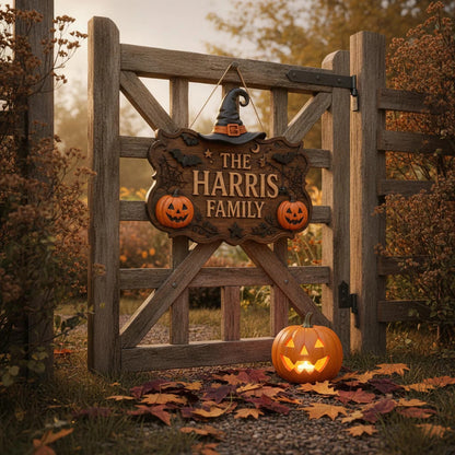 Personalized Witch Hat Pumpkin Halloween Family Name Sign