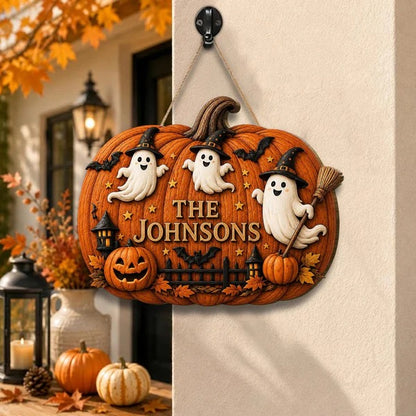 Personalized Halloween Pumpkin Wooden Door Hanger Welcome Sign