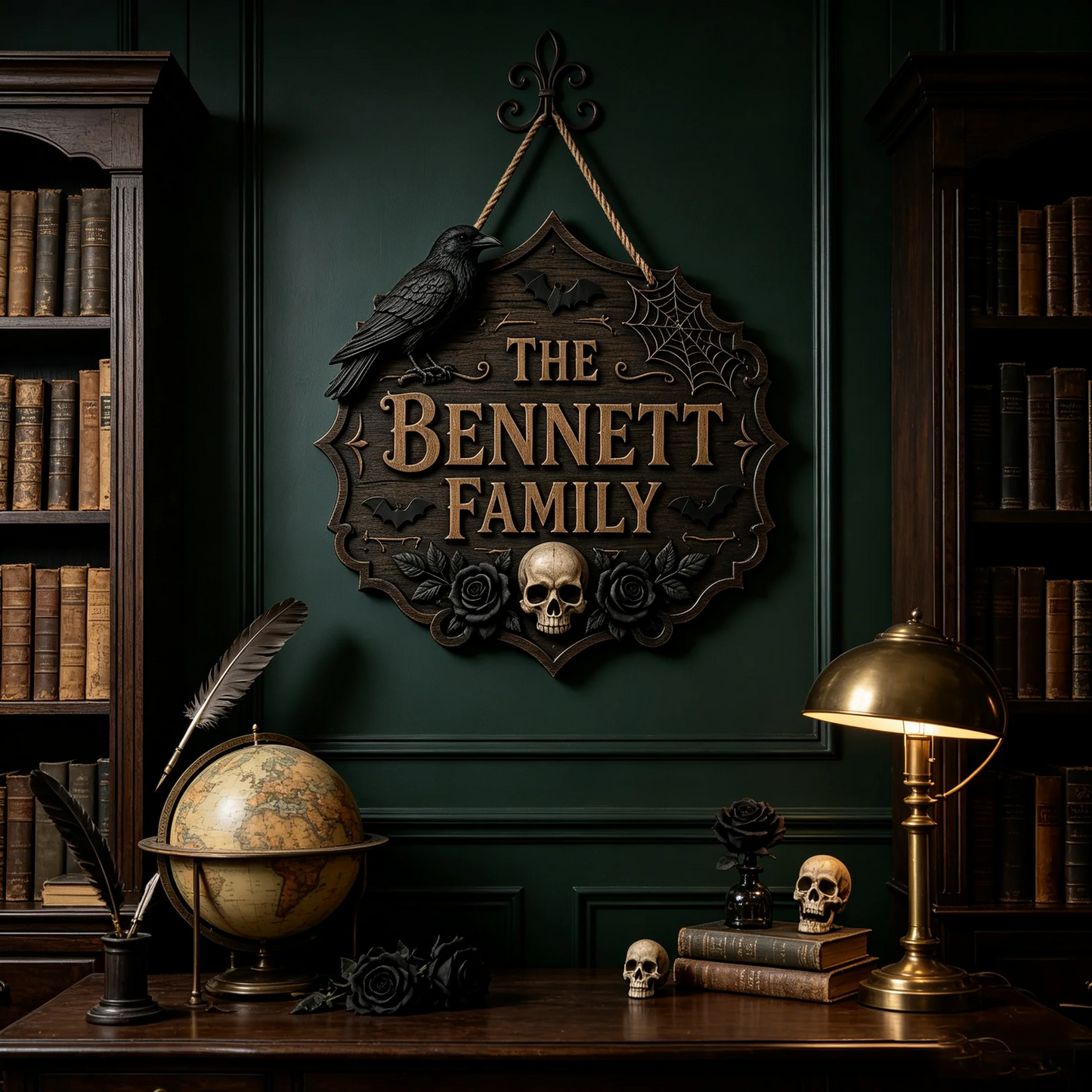 Personalized Gothic Raven Skull Halloween Family Name Wooden Sign