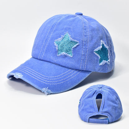 Star Distressed Ponytail Baseball Hat