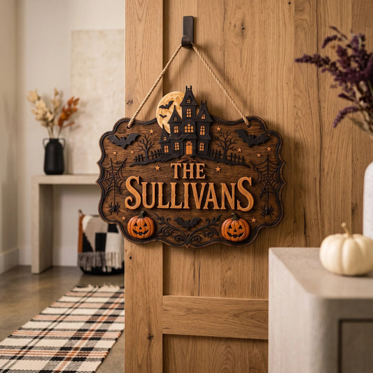 Personalized Haunted House Halloween Family Name Hanging Sign