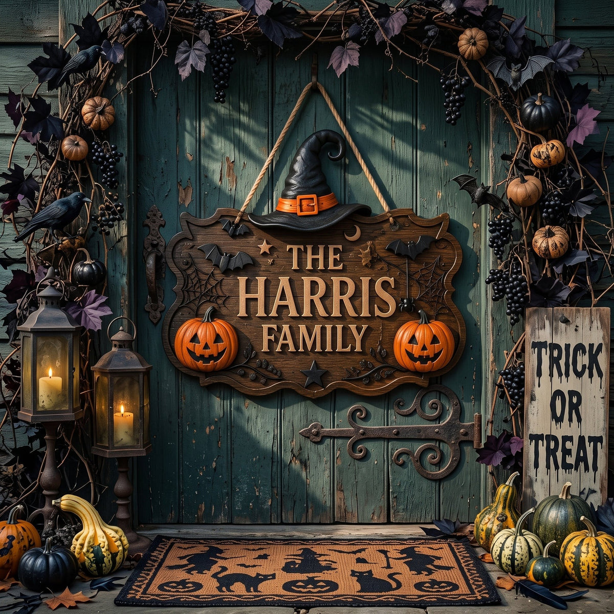 Personalized Witch Hat Pumpkin Halloween Family Name Sign