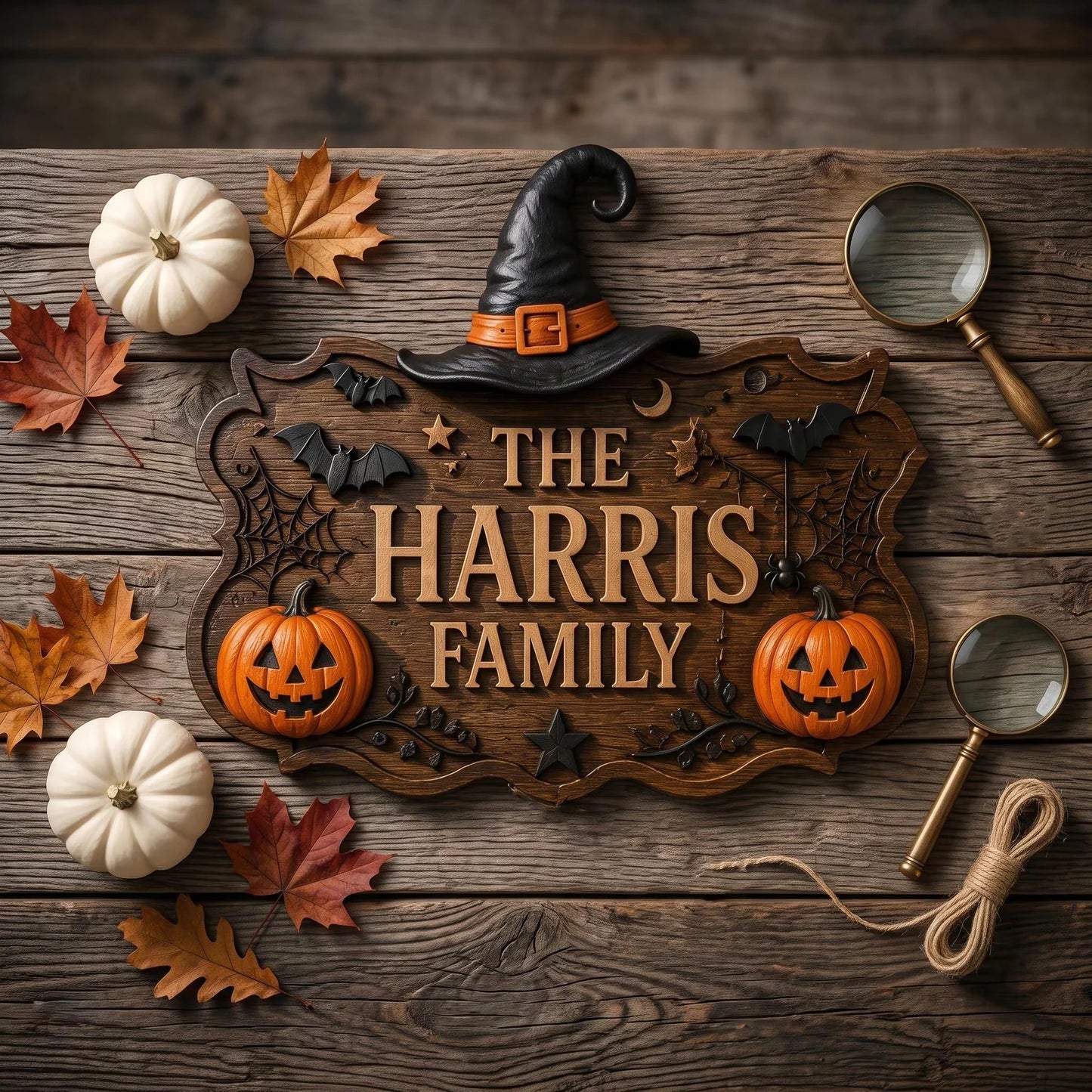 Personalized Witch Hat Pumpkin Halloween Family Name Sign