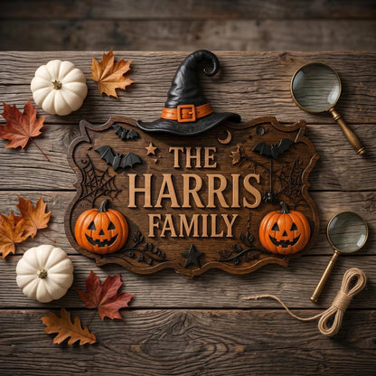 Personalized Witch Hat Pumpkin Halloween Family Name Sign
