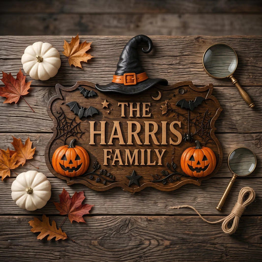 Personalized Witch Hat Pumpkin Halloween Family Name Sign