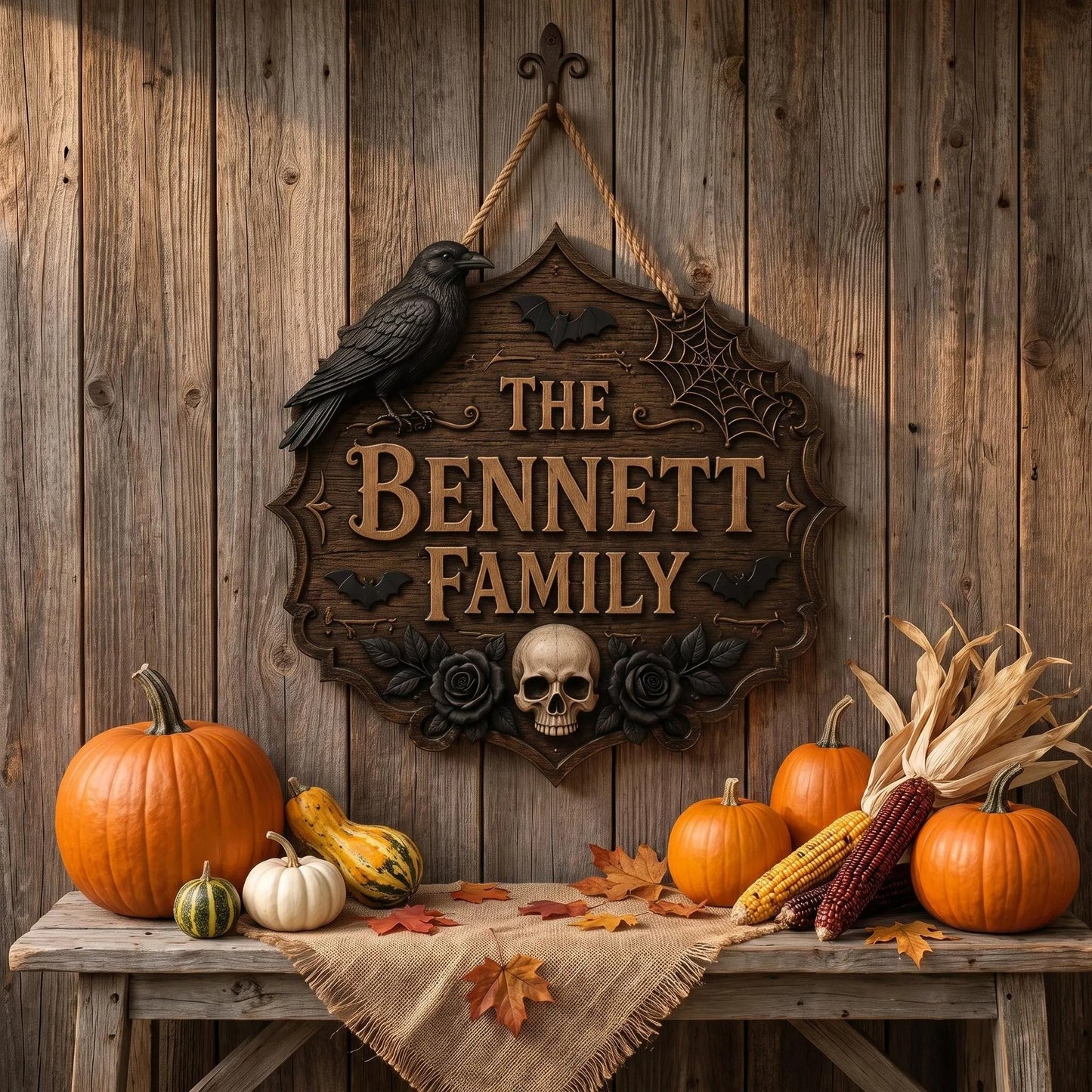 Personalized Gothic Raven Skull Halloween Family Name Wooden Sign