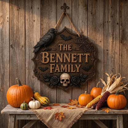 Personalized Gothic Raven Skull Halloween Family Name Wooden Sign