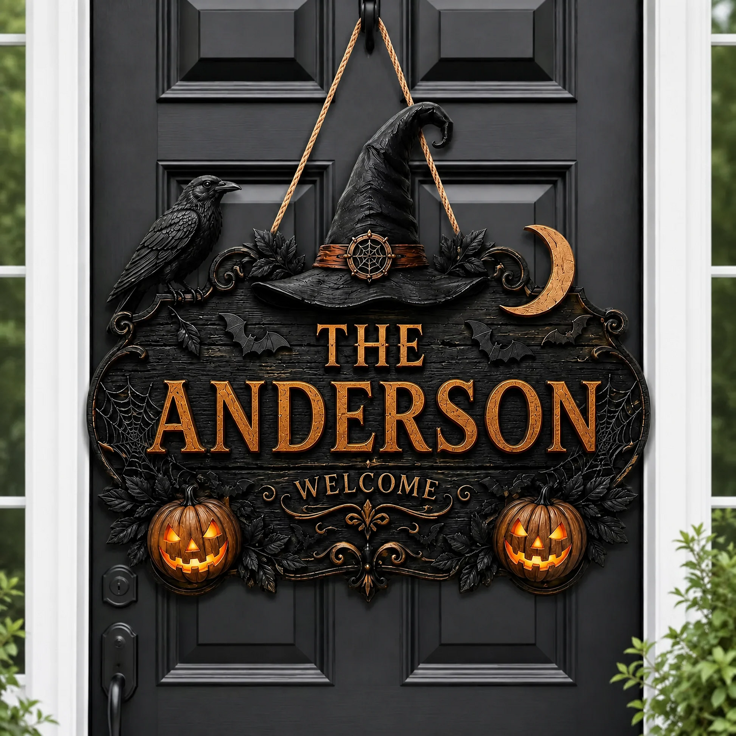 Custom Family Name Gothic Halloween Wooden Door Hanger Welcome Sign