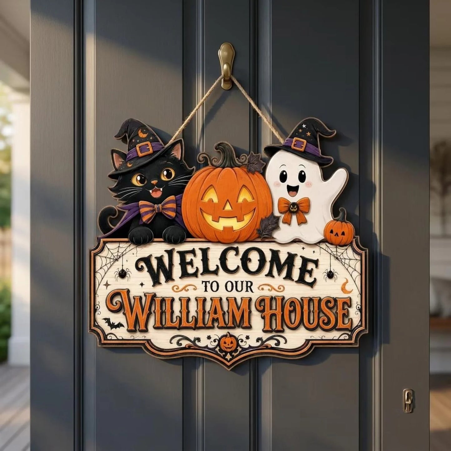 Personalized Cute Cat Ghost Halloween Welcome Wooden Door Hanger Sign
