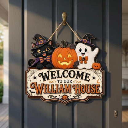 Personalized Cute Cat Ghost Halloween Welcome Wooden Door Hanger Sign