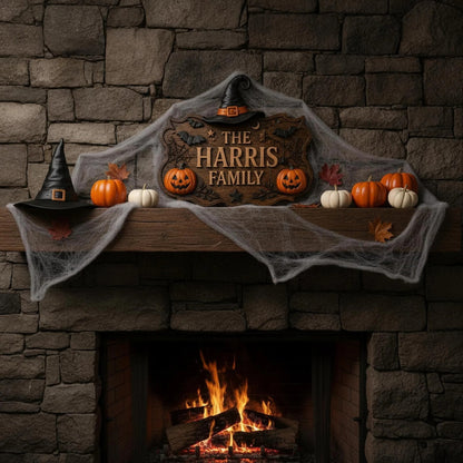 Personalized Witch Hat Pumpkin Halloween Family Name Sign