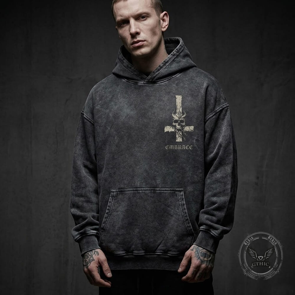 Inverted Cross Skeleton Beast Vintage Washed Hoodie