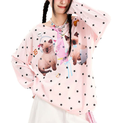Kitten Print Star Long Sleeve Top
