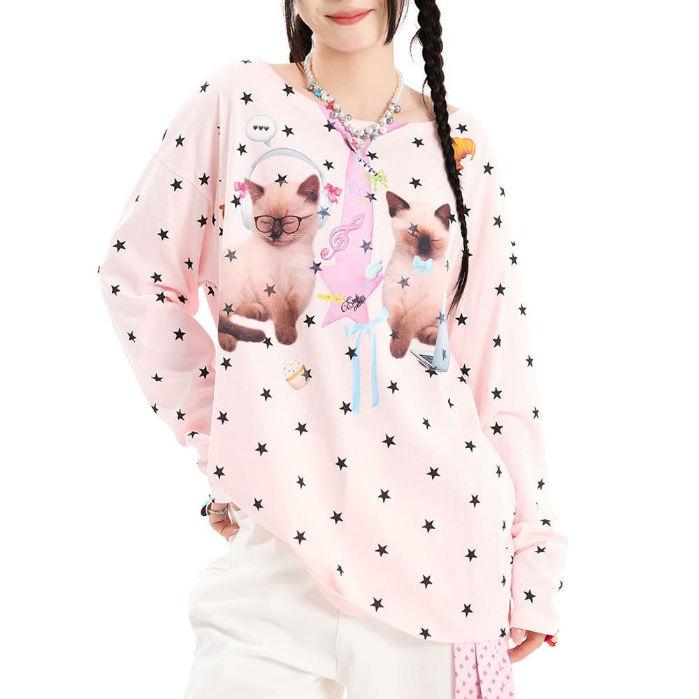 Kitten Print Star Long Sleeve Top