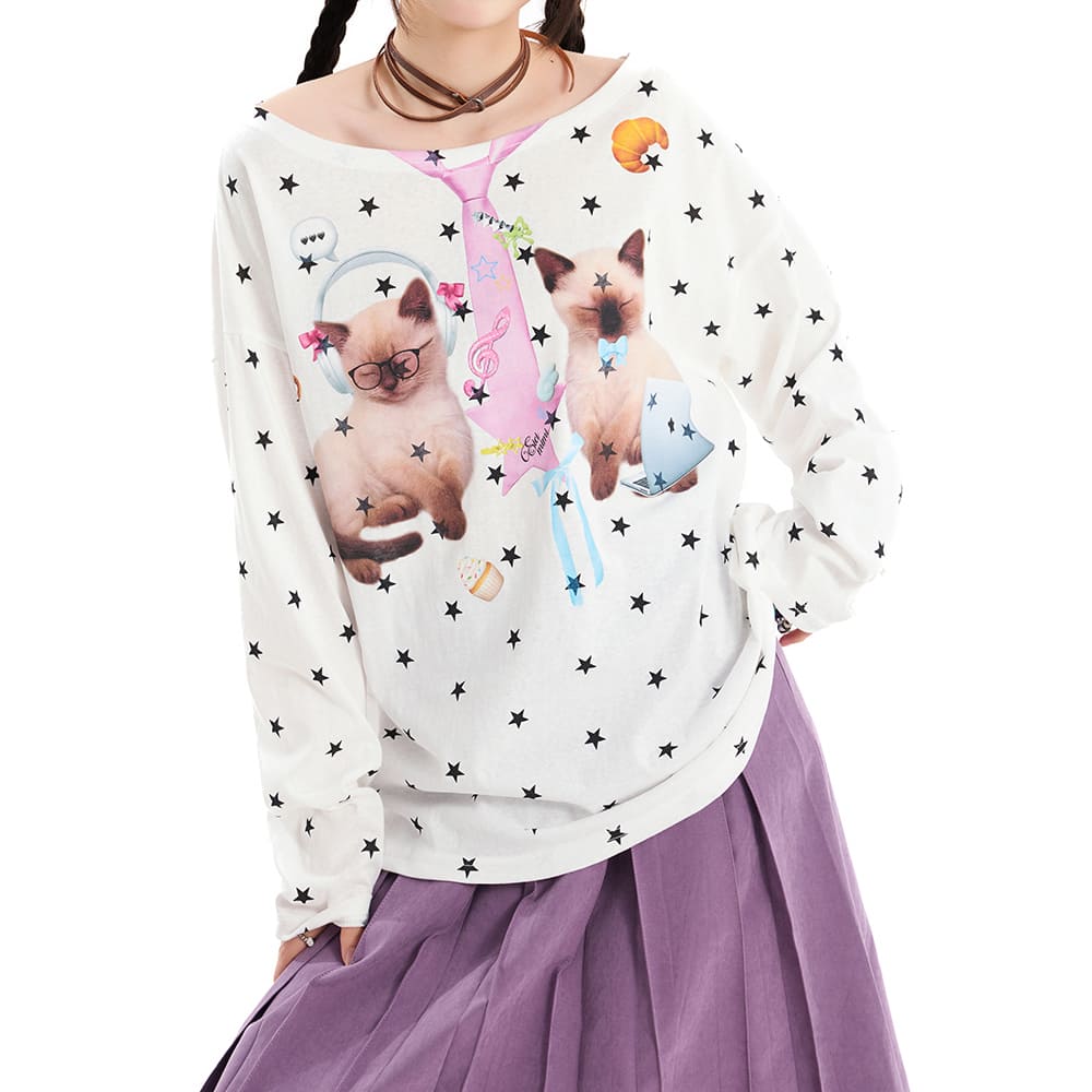 Kitten Print Star Long Sleeve Top