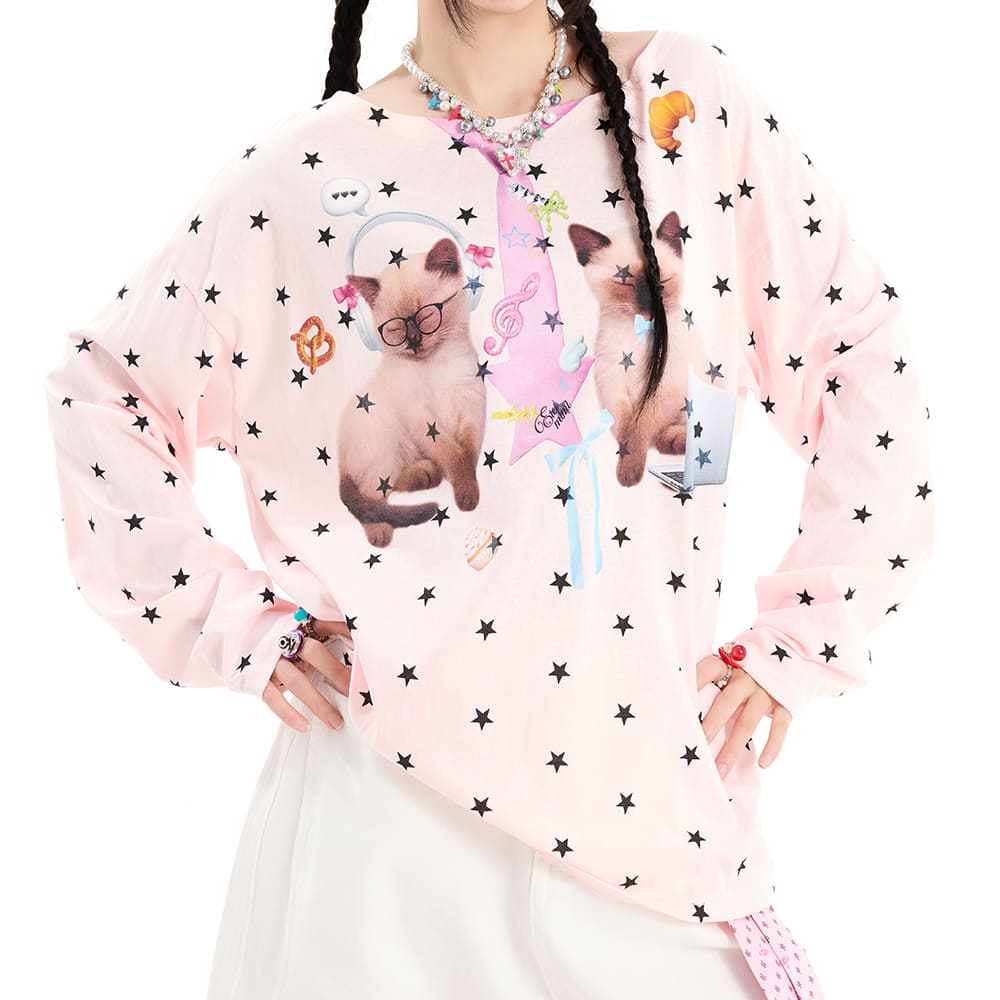 Kitten Print Star Long Sleeve Top