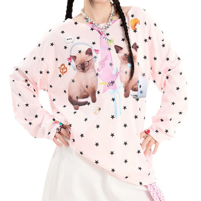 Kitten Print Star Long Sleeve Top