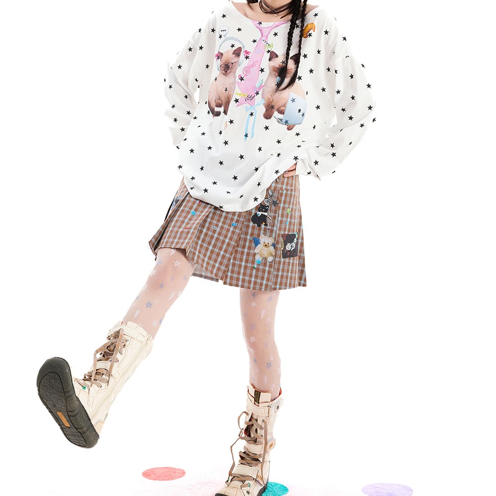 Kitten Print Star Long Sleeve Top