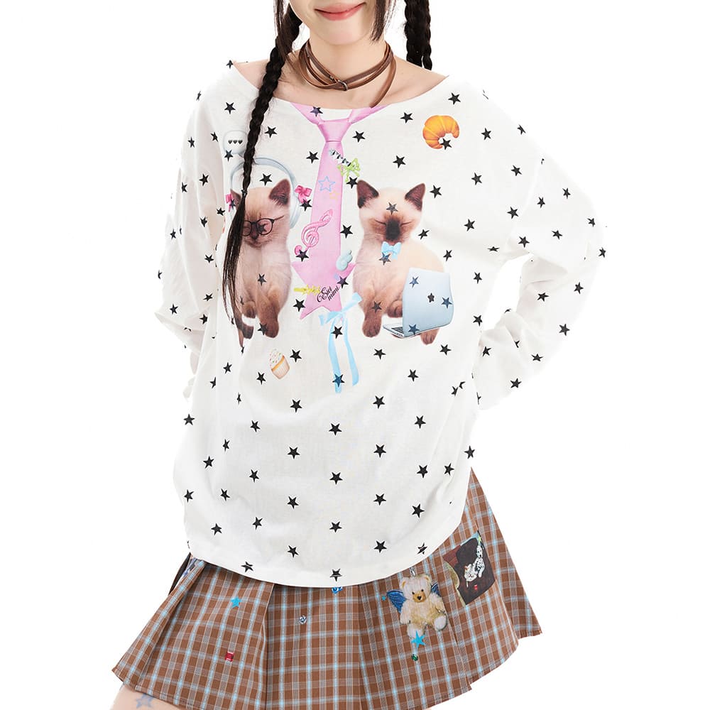 Kitten Print Star Long Sleeve Top