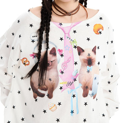 Kitten Print Star Long Sleeve Top