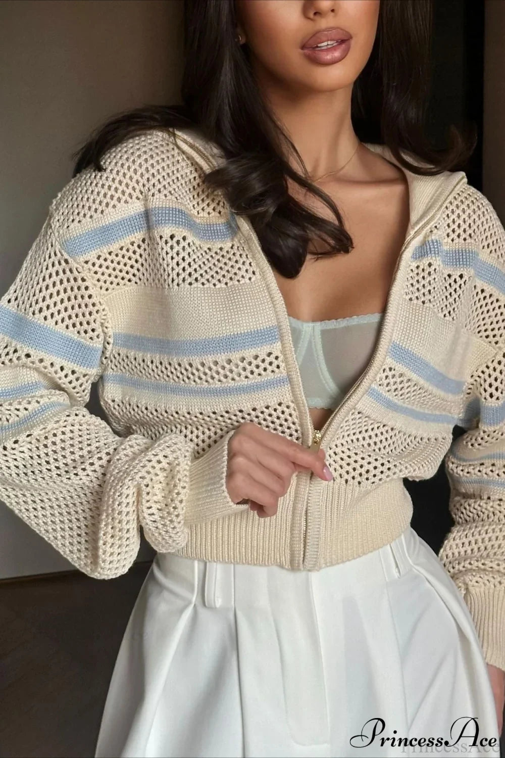 Knitted Cutout Zip Slim-Fit Design Hoodie