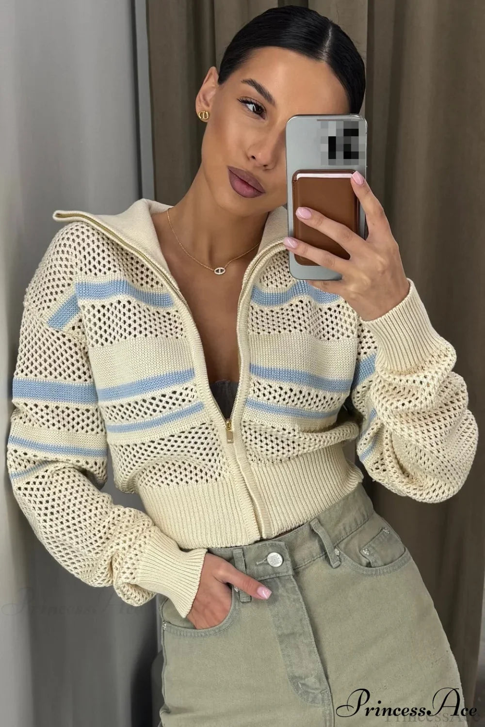 Knitted Cutout Zip Slim-Fit Design Hoodie