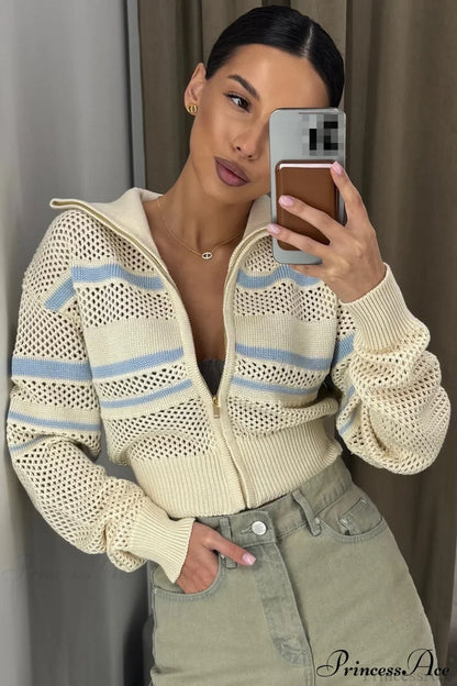 Knitted Cutout Zip Slim-Fit Design Hoodie