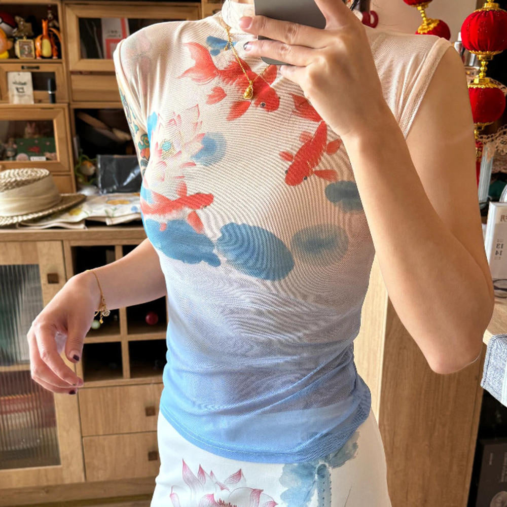 Koi Fish Print Turtleneck Top