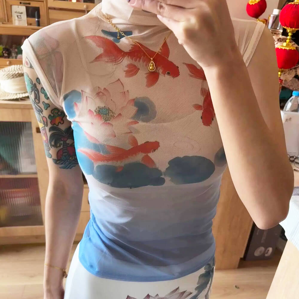 Koi Fish Print Turtleneck Top
