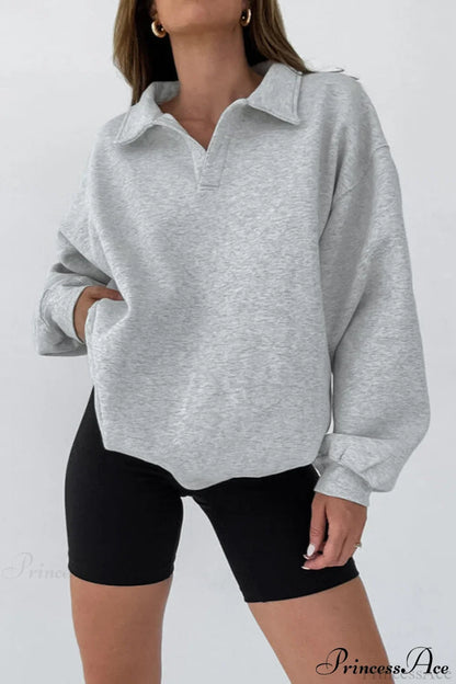 Lantern Sleeve Polo Collar Loose Sweatshirt