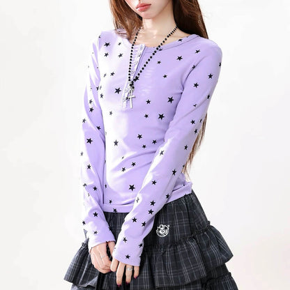 Lavender Star Print Henley Top